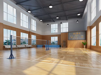 Indoor Badminton Fitness Court With Wooden Floor White Lines Net Posts And Scoreboard 3d model