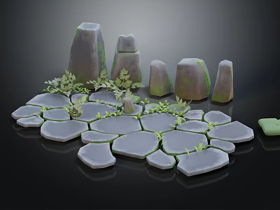 Natural Wood Stone Garden Decor With Tall Pillars Flat Slabs And Green Plants 3d model