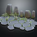 Natural Wood Stone Garden Decor With Tall Pillars Flat Slabs And Green Plants