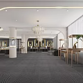 Luxurious Jewelry Store Interior Design With Glass Display Cases Chandelier And Decorative Plants