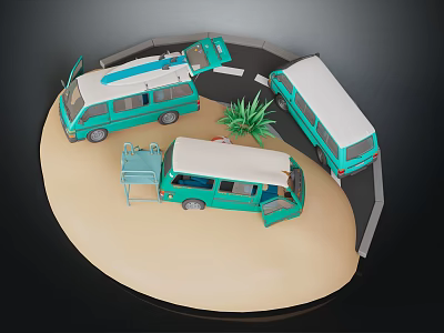 Green Vans on Circular Sandy Ground with Blue Folding Chair Green Plant and Gray Structure 3d model