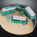 Green Vans on Circular Sandy Ground with Blue Folding Chair Green Plant and Gray Structure