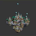 Enchanting Floating Islands With Central Castle Blue Hot Air Balloons Trees And Small Buildings
