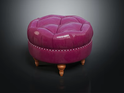 Round Plum Purple Ottoman With Tufted Upholstery Studded Trim And Wooden Legs 3d model