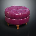 Round Plum Purple Ottoman With Tufted Upholstery Studded Trim And Wooden Legs
