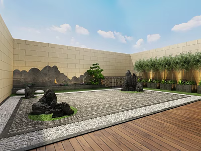 Tranquil Roof Garden Design Featuring Wooden Deck Stone Decorations And Lush Green Plants 3d model