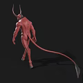 Game And Movie Character Red Demon With Large Horns Muscular Body And Tail