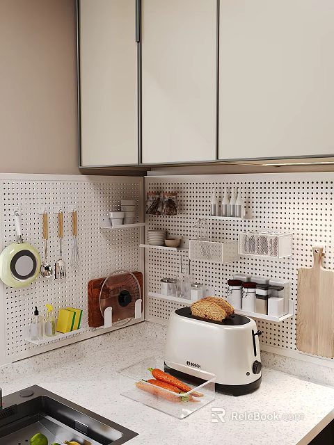 Organized Kitchen Pegboard Storage With Cooking Utensils Bowls And Bread Maker 3d model