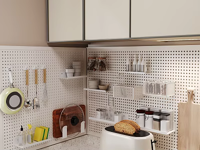 Organized Kitchen Pegboard Storage With Cooking Utensils Bowls And Bread Maker 3d model