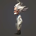 Cartoon Scientist Game Film Character With Wild White Hair Mustache And Lab Coat