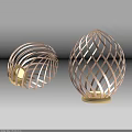 Tech Exhibition Hall Featuring Two Egg Shaped Lattice Exhibits Brown Woven Structure And Golden Base