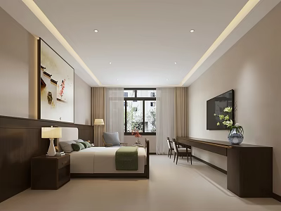 Modern Minimalist Bedroom Interior With Bed Nightstand Lamp Wall Painting TV And Desk 3d model