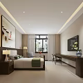 Modern Minimalist Bedroom Interior With Bed Nightstand Lamp Wall Painting TV And Desk