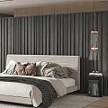 Modern Bedroom With Large Bed Upholstered Headboard Pillows Area Rug And Window Curtains