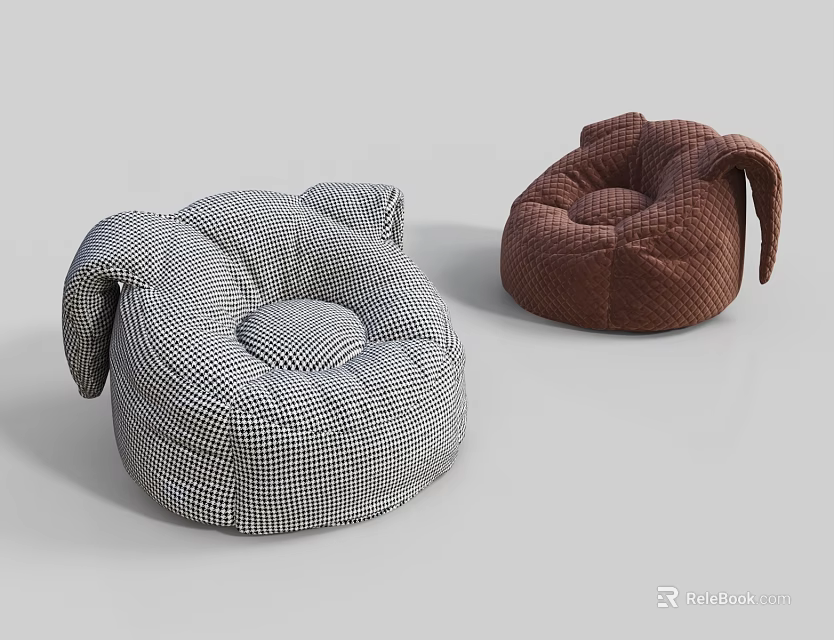 Modern Comfortable Bean Bag Chair With Checkered Pattern In Brown And Gray Colors 3d model 