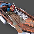 Wooden Boat With Lifebuoy Rope Fishing Net And Buoys Showcasing Rustic Wooden Structure Details