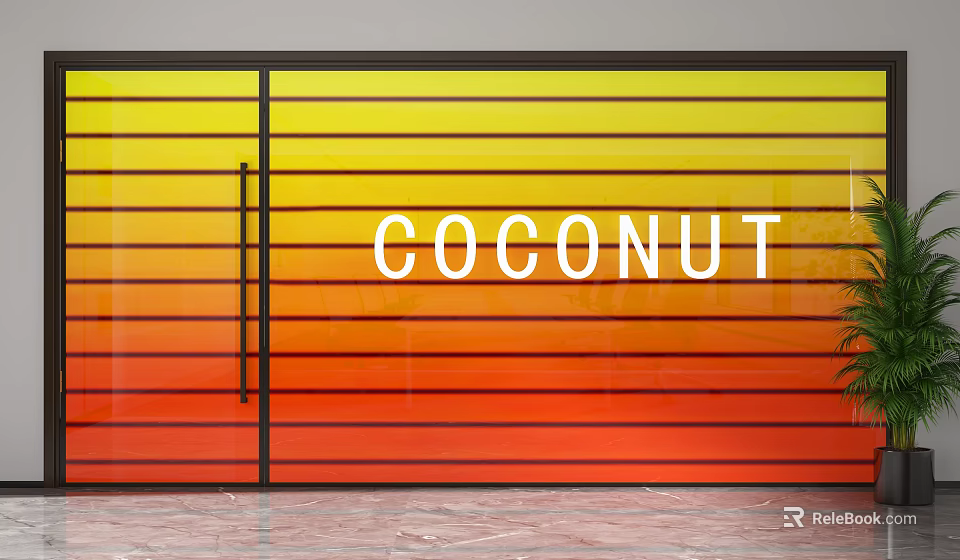 Modern Glass Partition With Yellow To Orange Gradient Colors And COCONUT Lettering Black Frame 3d model 