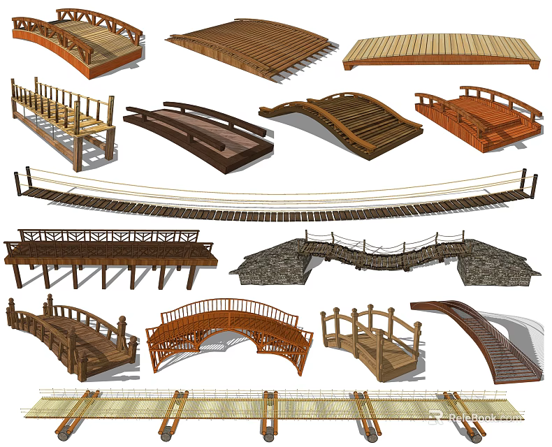 Various Types of Bridge Structures Featuring Wooden Stone and Arched Designs 3d model 