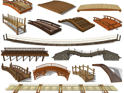 Various Types of Bridge Structures Featuring Wooden Stone and Arched Designs 3d model