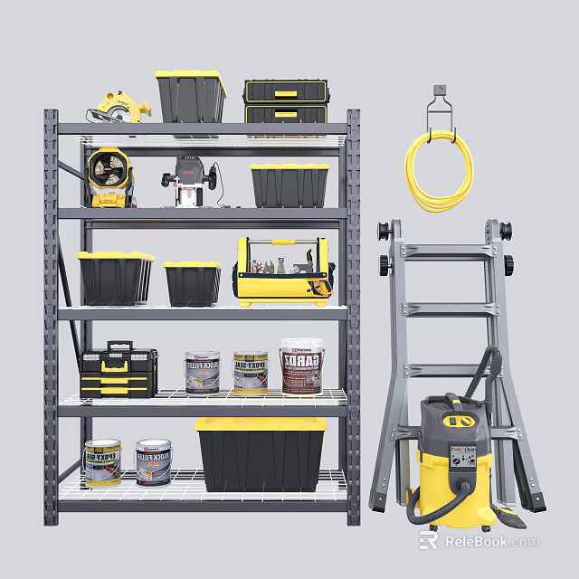 Hardware Tools Organized Storage Shelves With Toolboxes Paint Cans Ladder And Vacuum 3d model 
