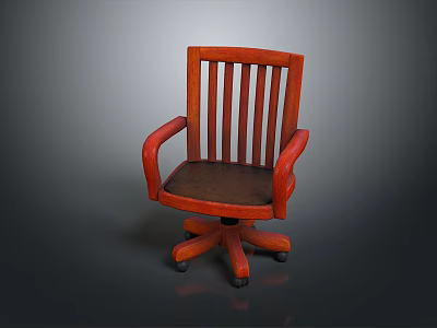 Single Wooden Armchair With Vertical Slats Back Leather Seat And Swivel Wheels 3d model