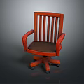 Single Wooden Armchair With Vertical Slats Back Leather Seat And Swivel Wheels