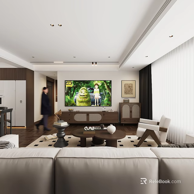 Warm Bright Modern Living Room With Wooden Furniture Large TV And Comfortable Sofa Arrangement 3d model 