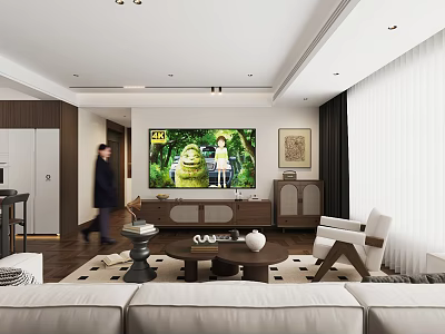 Warm Bright Modern Living Room With Wooden Furniture Large TV And Comfortable Sofa Arrangement 3d model