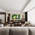 Warm Bright Modern Living Room With Wooden Furniture Large TV And Comfortable Sofa Arrangement