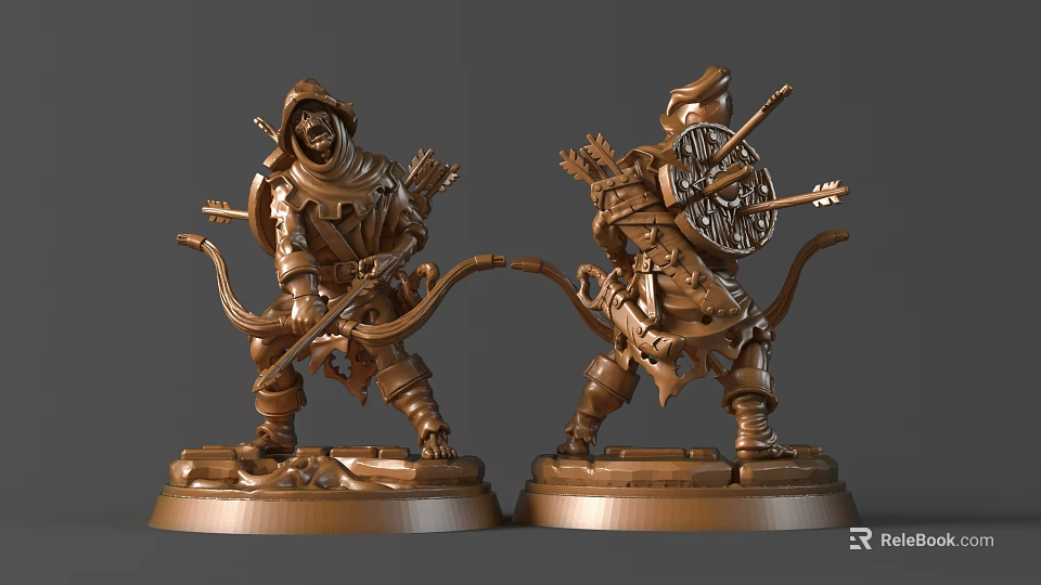 Detailed Bronze Archer Character Sculptures with Armor Bow Shield and Base Stand 3d model 