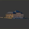 Architectural Model of Courtyard Building with Gray Roofs Orange Brick Walls and Symmetrical Gardens