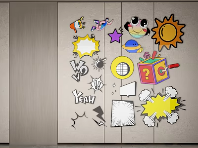 Colorful Playful Cartoon Wall Decorations With Sun Star Speech Bubbles And Explosion Effects 3d model