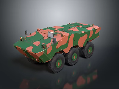 Military Armored Vehicle With Camouflage Pattern 6x6 Wheel Design And Roof Mounted Gear 3d model