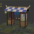Traditional Wooden Pavilion Structure With Blue White Checkered Roof And Display Counter