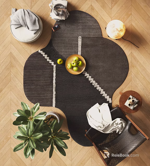 Shaped Dark Gray Rug With White Lines On Wooden Floor Featuring Green Apples And Plant 3d model 
