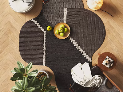 Shaped Dark Gray Rug With White Lines On Wooden Floor Featuring Green Apples And Plant 3d model