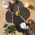 Shaped Dark Gray Rug With White Lines On Wooden Floor Featuring Green Apples And Plant