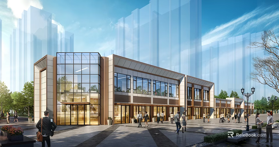 Modern Sales Office Building With Glass Stone Exterior And Pedestrians 3d model 