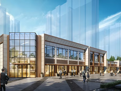 Modern Sales Office Building With Glass Stone Exterior And Pedestrians 3d model