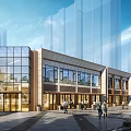 Modern Sales Office Building With Glass Stone Exterior And Pedestrians