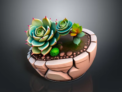 Cracked Ceramic Succulent Planter With Green Red Edge Plants And Small Pebbles 3d model
