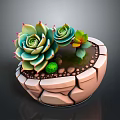 Cracked Ceramic Succulent Planter With Green Red Edge Plants And Small Pebbles