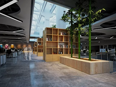 Modern Public Office Space With Bookshelves Bamboo Plants And Natural Lighting 3d model