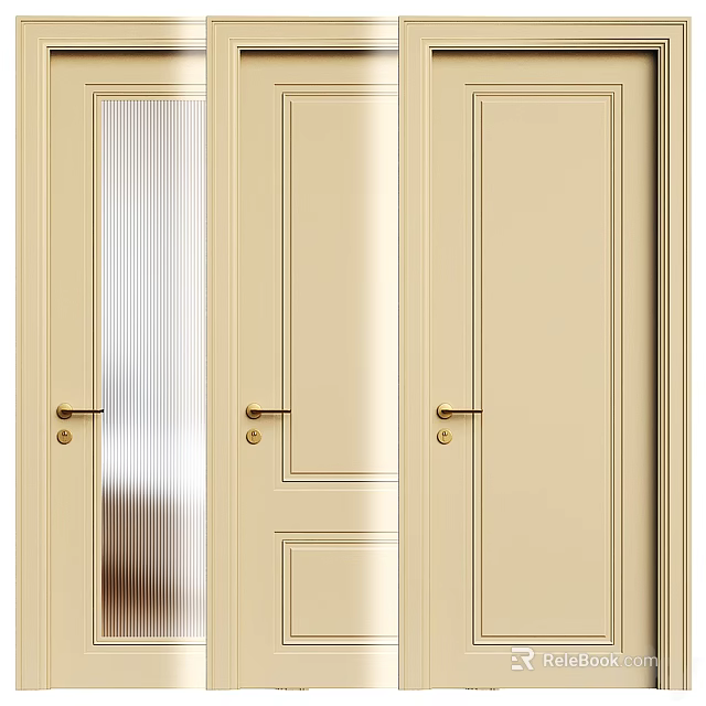 Modern Beige Interior Sliding Doors With Ribbed Glass Panel And Metal Handles 3d model 