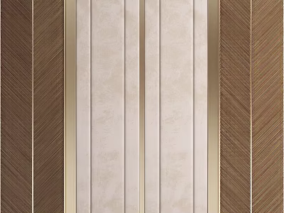 Modern Interior Wall Design With Beige Vertical Panels Brown Feather Texture And Golden Trim 3d model