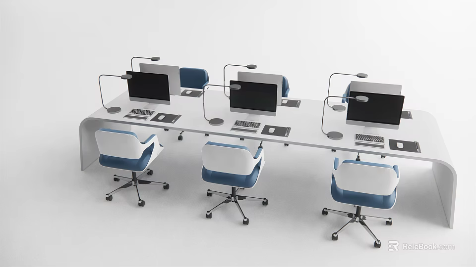 Modern Office Desk With Multiple Workstations Computers Desk Lamps And Ergonomic Chairs 3d model 