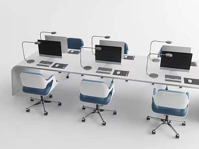 Modern Office Desk With Multiple Workstations Computers Desk Lamps And Ergonomic Chairs 3d model