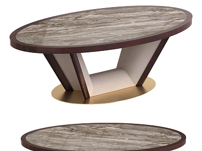 Oval Dining Table With Marble Patterned Top Dark Wooden Frame And Gold Base 3d model