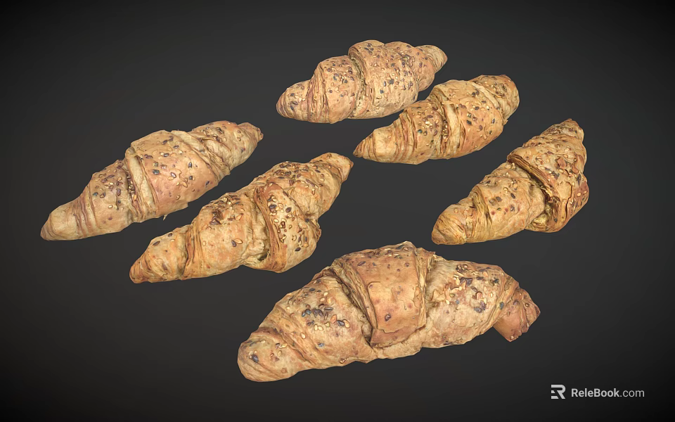 Freshly Baked Whole Grain Croissants With Sesame Seeds On Dark Surface 3d model 
