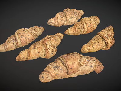 Freshly Baked Whole Grain Croissants With Sesame Seeds On Dark Surface 3d model